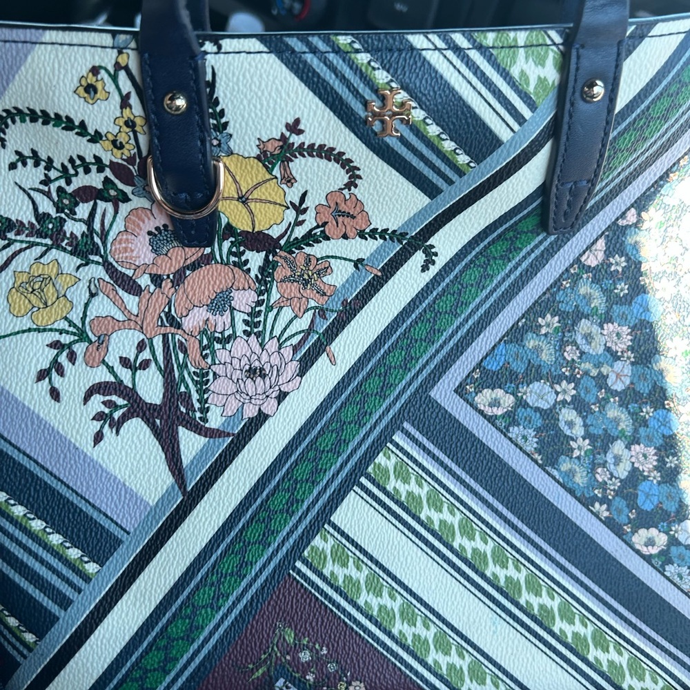 Tory Burch Navy Floral Patchwork Tote with Green and Yellow Accents